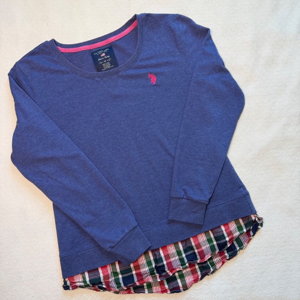 US Polo Assn Womens Blue Heathered Plaid Layered Hem Sweatshirt Medium 213950ZV